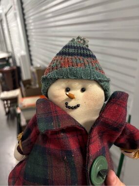 Plush Snowman Toy in Red Plaid Coat with Green Knit Hat